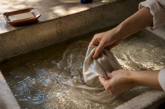 Hands gently rinsing silk fabric