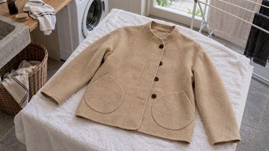 Soeur Windsor wool coat drying flat on towel