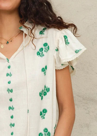 Iris Frill Top in White/Green from M.A.B.E