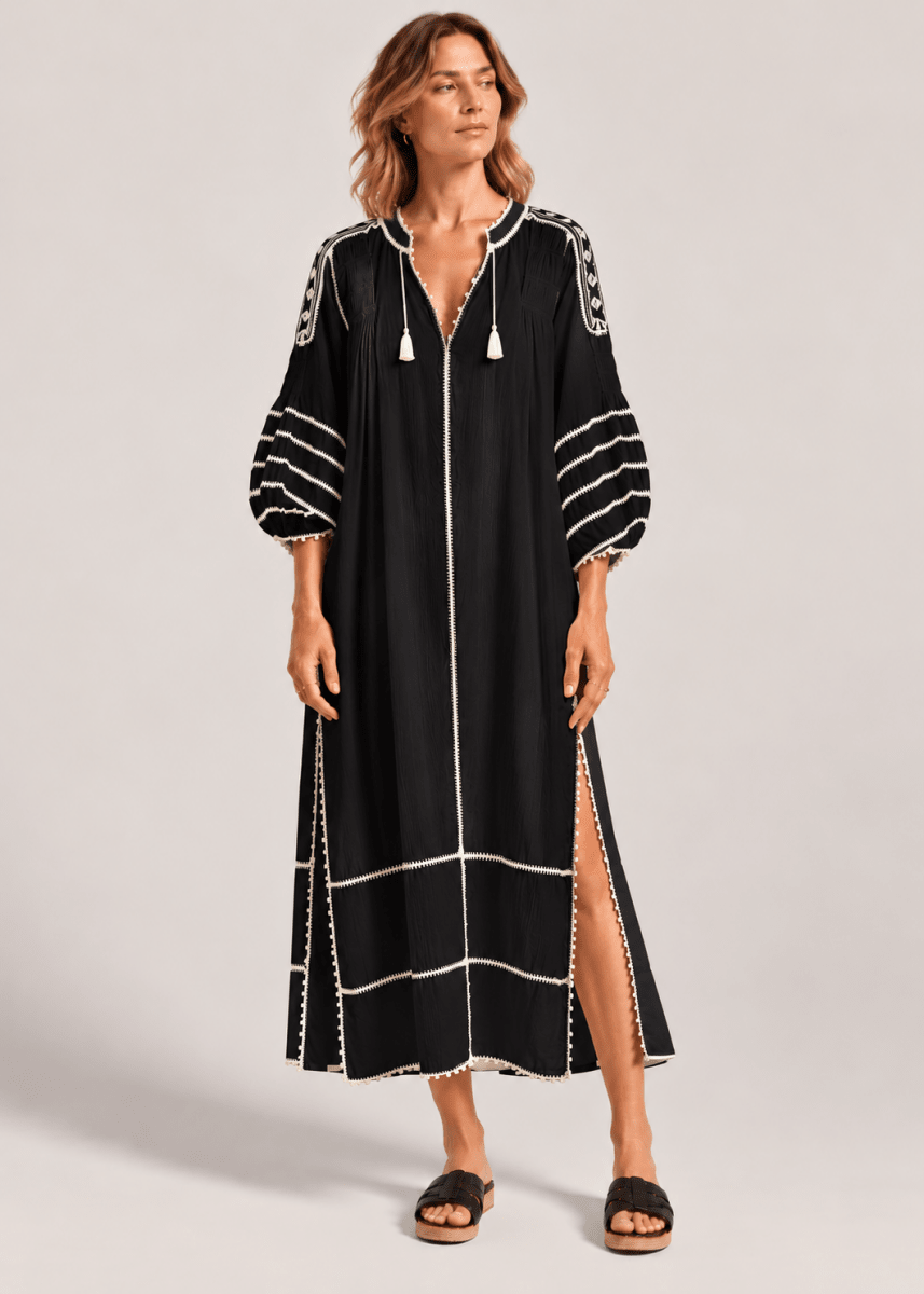 Espanola Kaftan Dress in Black/Off White from LAS NINAS at Edito Boutique