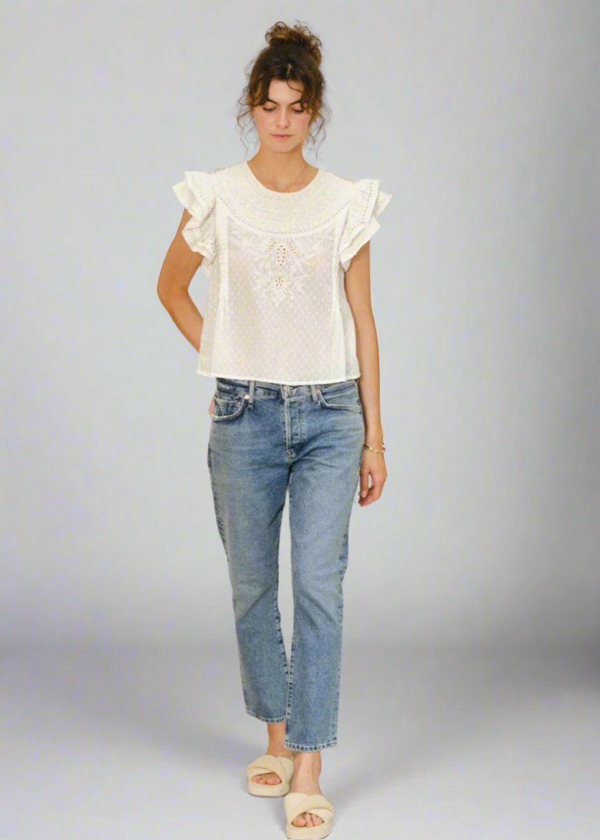 Lori Embroidered Top in Ecru from M.A.B.E at Edito boutique Lori Embroidered Top in Ecru from M.A.B.E at Edito boutique