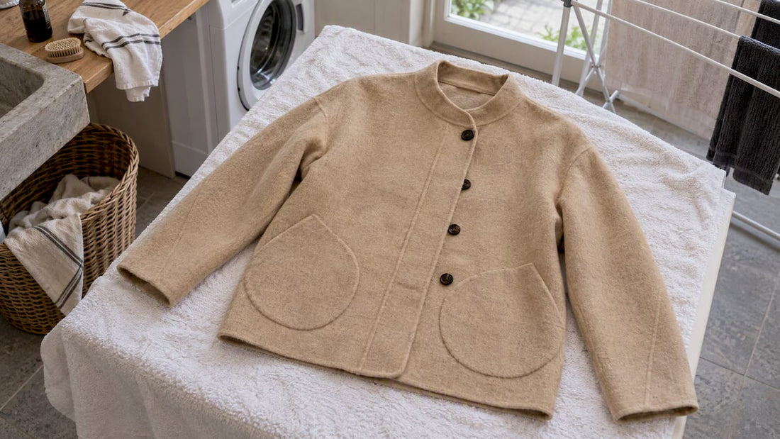 Soeur Windsor wool coat drying flat on towel