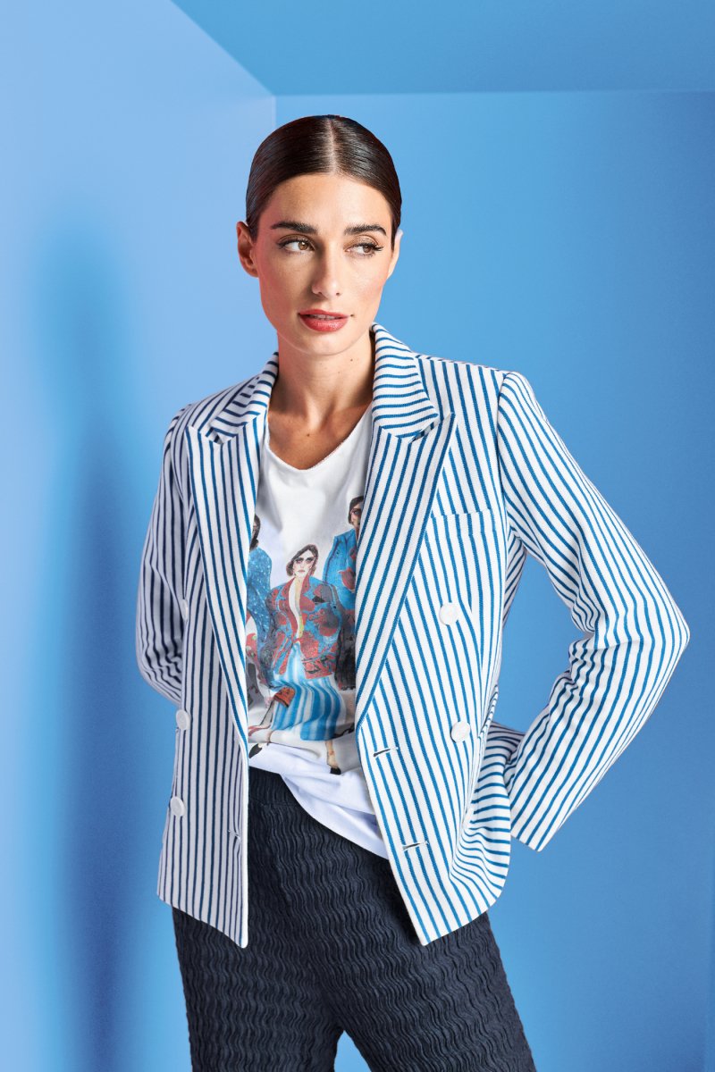 Rich & Royal Jersey Blazer in White/Blue Stripes