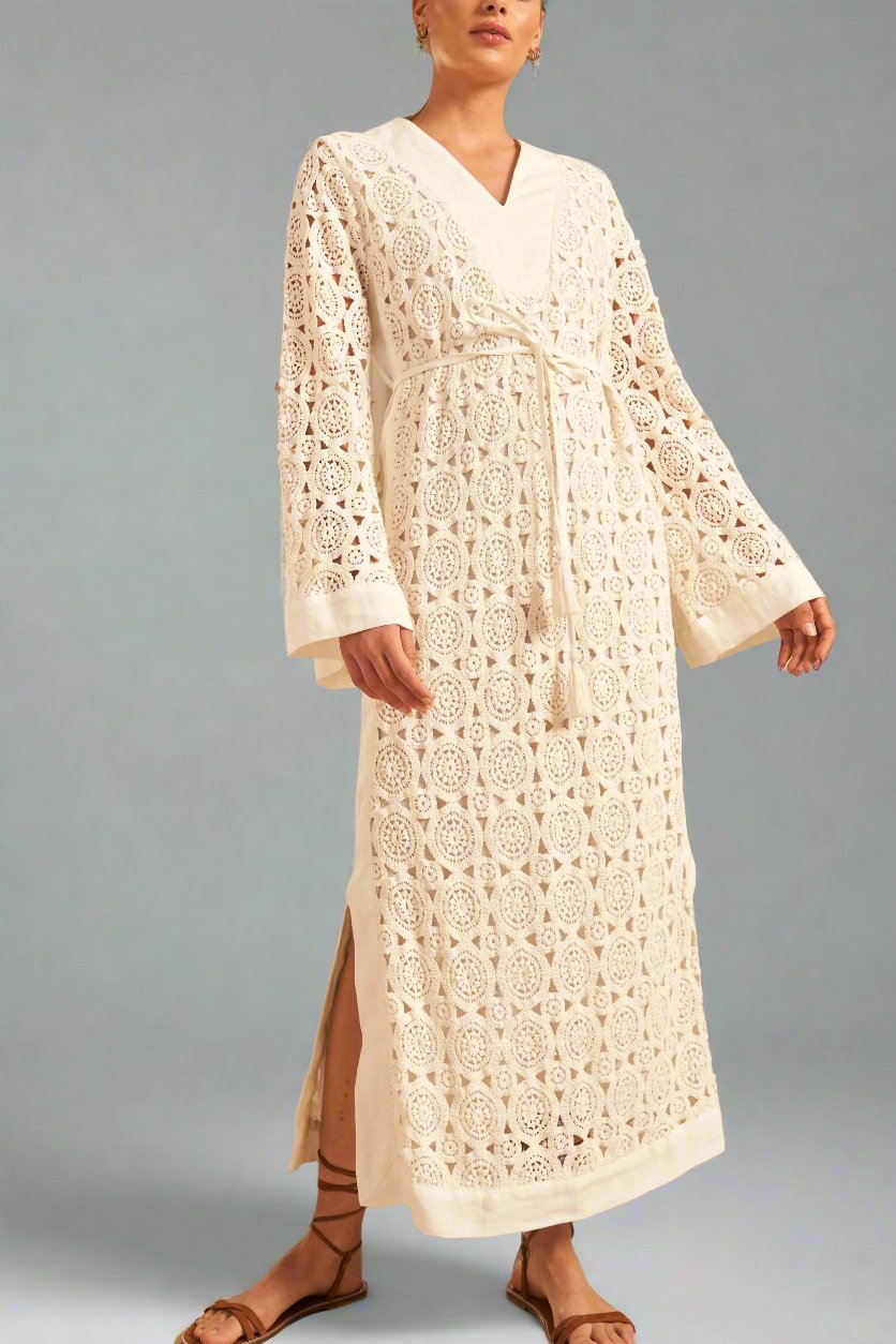 Hannah Samara Lace Kaftan Dress in Off White