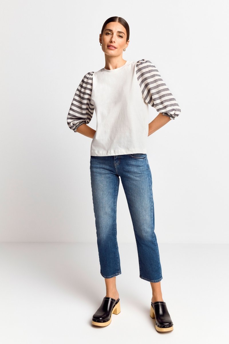 Rich & Royal Mat Mix Blouse in White Stripes