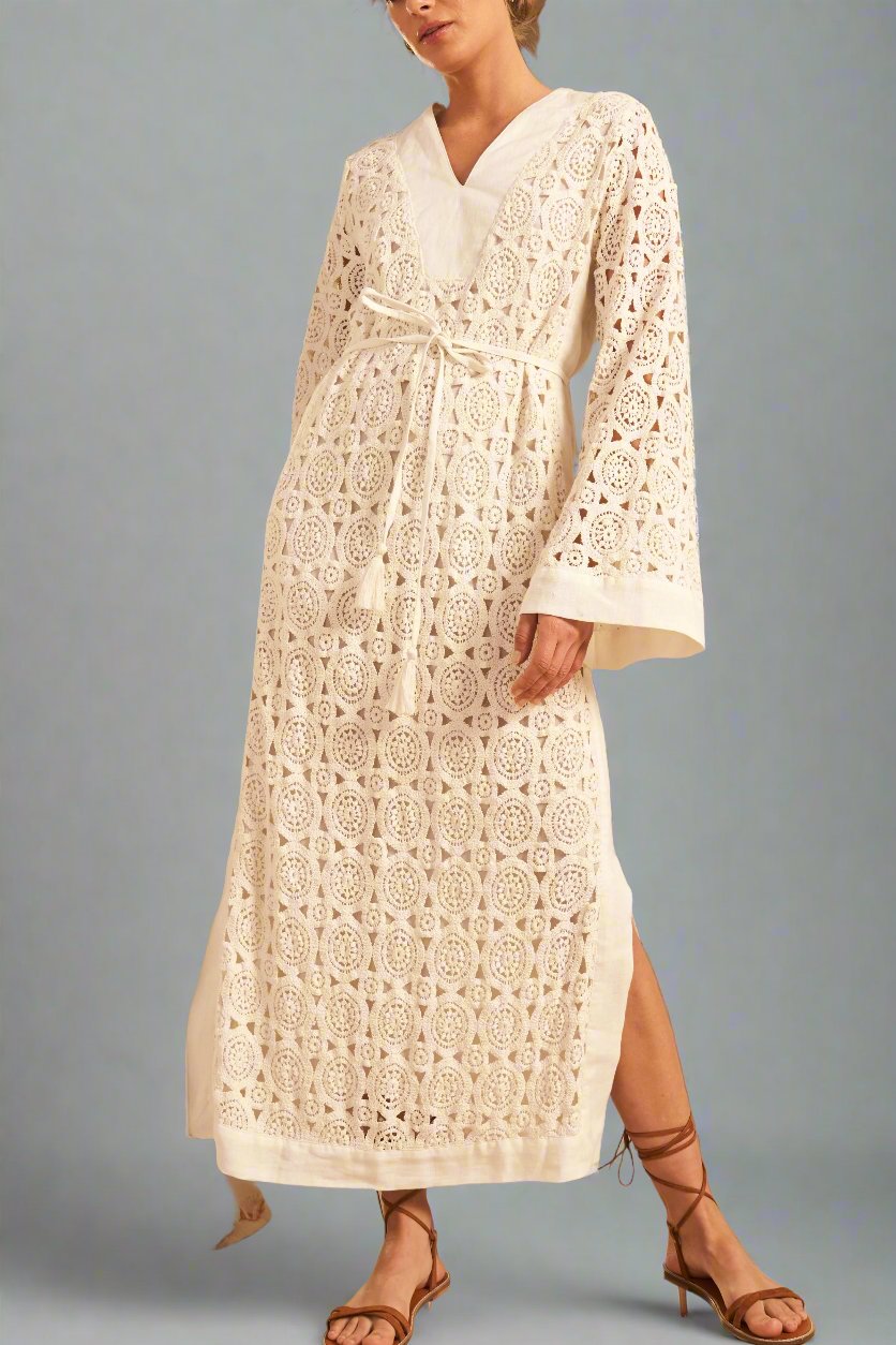 Hannah Samara Lace Kaftan Dress in Off White