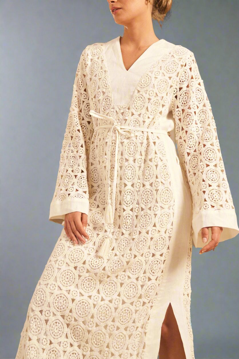 Hannah Samara Lace Kaftan Dress in Off White