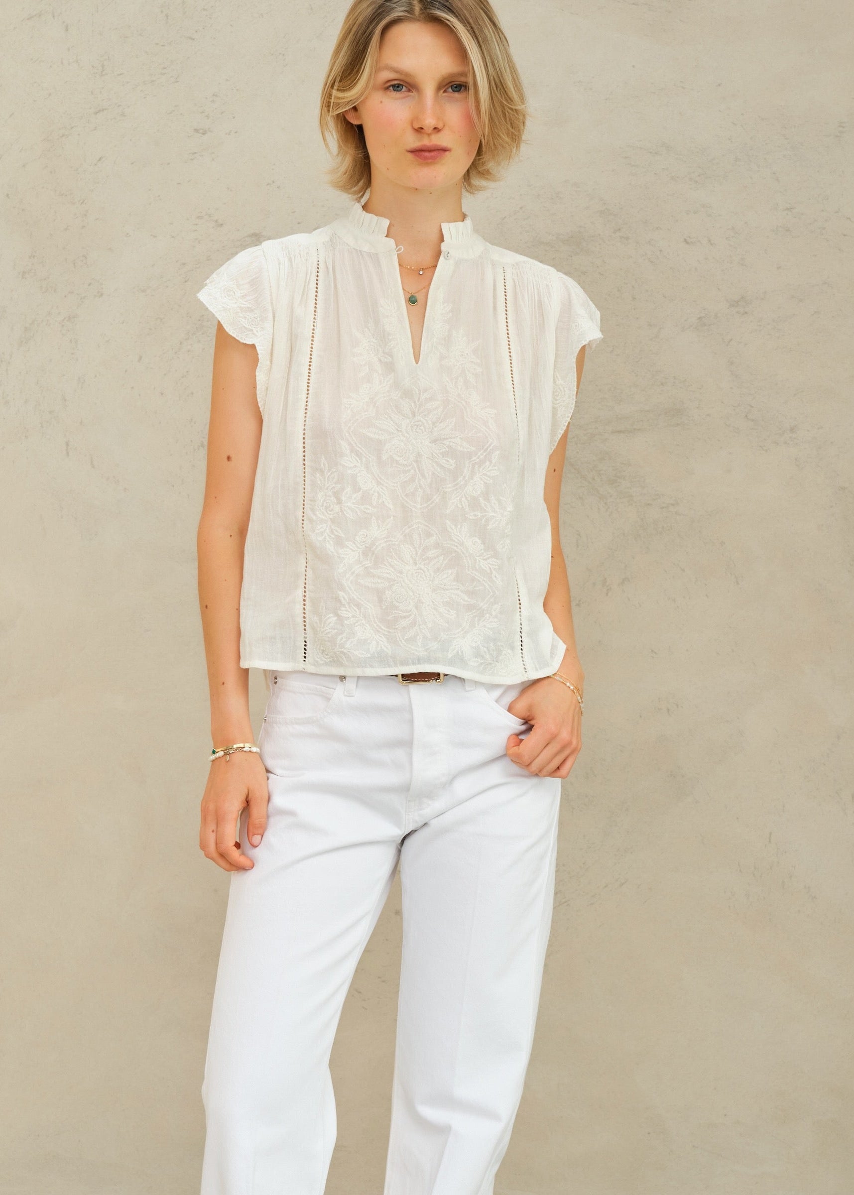 Lilia Embroidered Top in Ecru from M.A.B.E