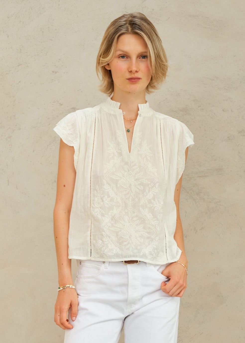 Lilia Embroidered Top in Ecru from M.A.B.E