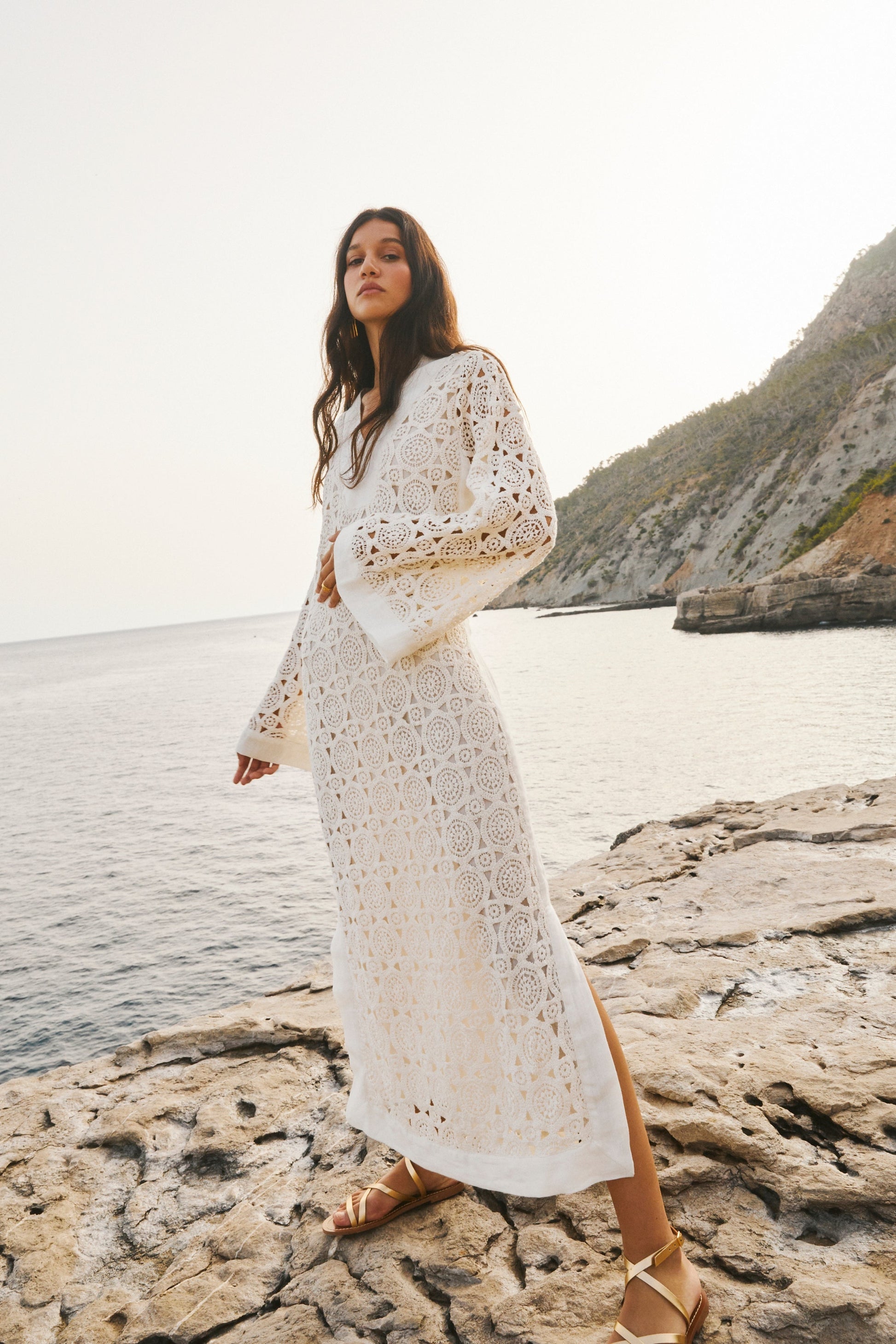 Hannah Samara Lace Kaftan Dress in Off White