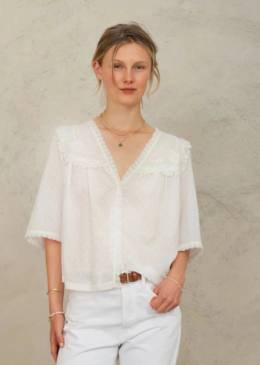 Brea Frill Top in Ivory from M.A.B.E at Edito Boutique