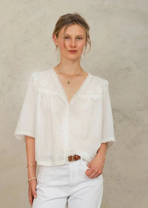 Brea Frill Top in Ivory from M.A.B.E at Edito Boutique