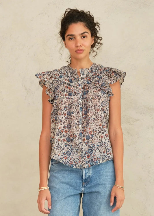 Cass Frill Top in Indigo/Rust from M.A.B.E at Edito Boutique