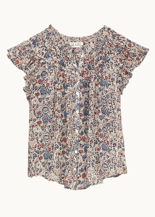 Cass Frill Top in Indigo/Rust from M.A.B.E at Edito Boutique