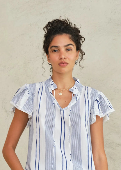 Eleni Frill Top in Blue Stripes from M.A.B.E at Edito Boutique