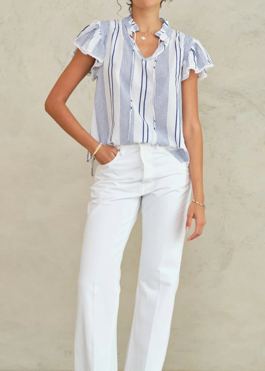 Eleni Frill Top in Blue Stripes from M.A.B.E at Edito Boutique