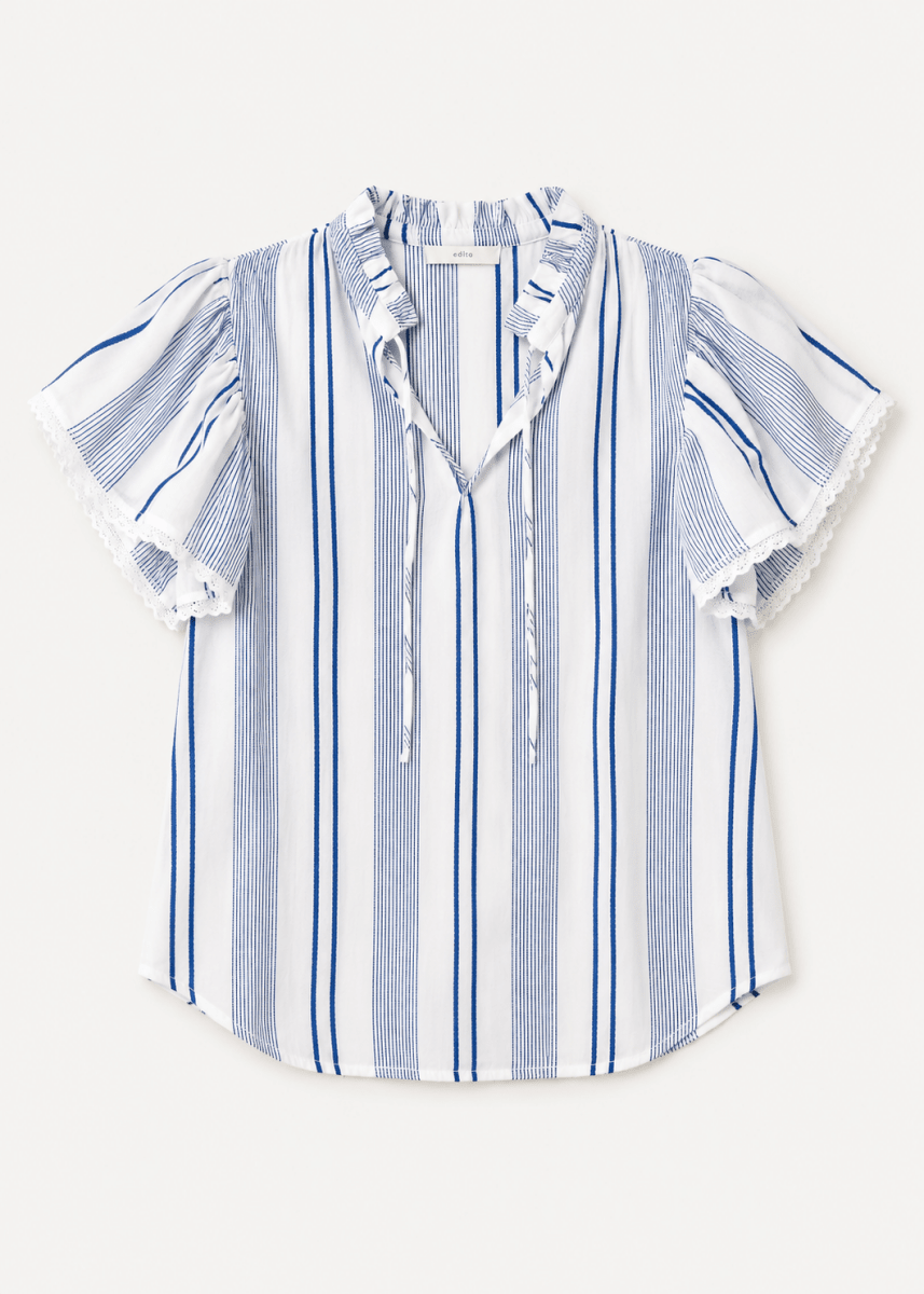 Eleni Frill Top in Blue Stripes from M.A.B.E at Edito Boutique