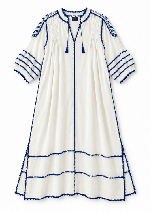 Espanola Kaftan Dress in Off-White/Blue from LAS NINAS at Edito Boutique