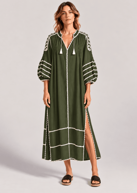 Espanola Kaftan Dress in Khaki/Off-White from LAS NINAS at Edito Boutique