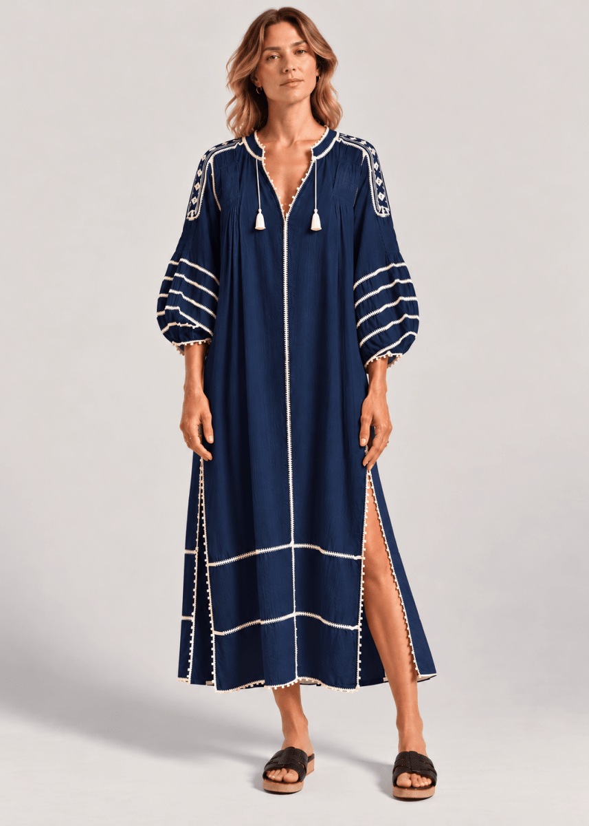 Espanola Kaftan Dress in Navy/Off-White from LAS NINAS at Edito Boutique