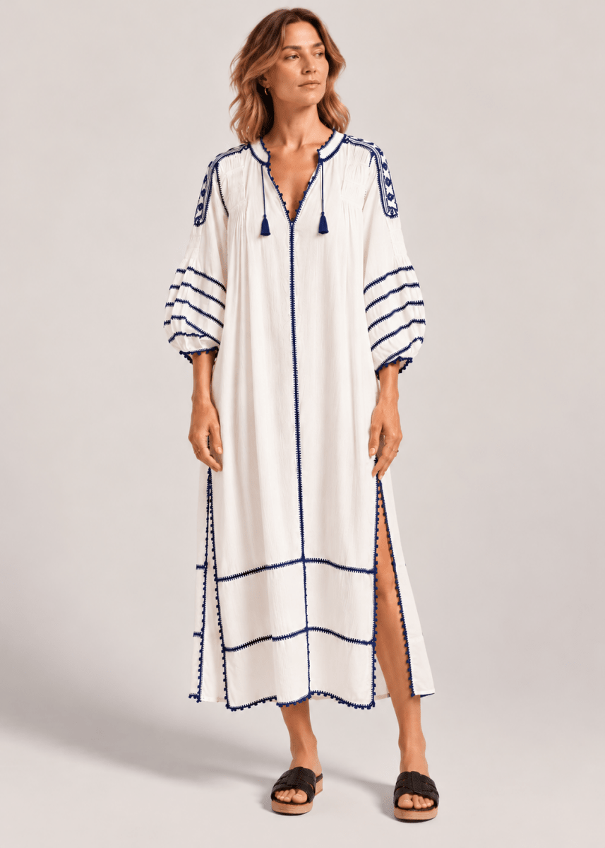 Espanola Kaftan Dress in Off-White/Blue from LAS NINAS at Edito Boutique