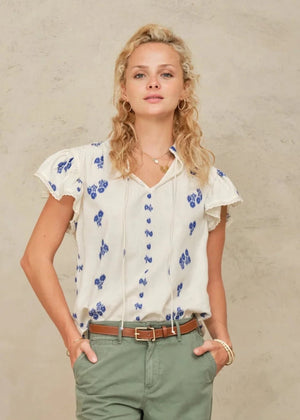 Iris Frill Top in White/Blue from M.A.B.E at Edito Boutique