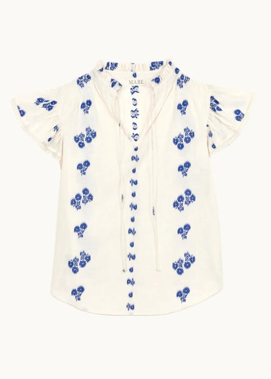 Iris Frill Top in White/Blue from M.A.B.E at Edito Boutique