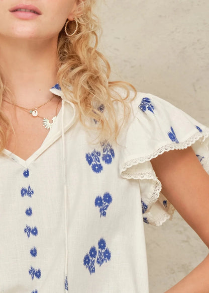 Iris Frill Top in White/Blue from M.A.B.E at Edito Boutique