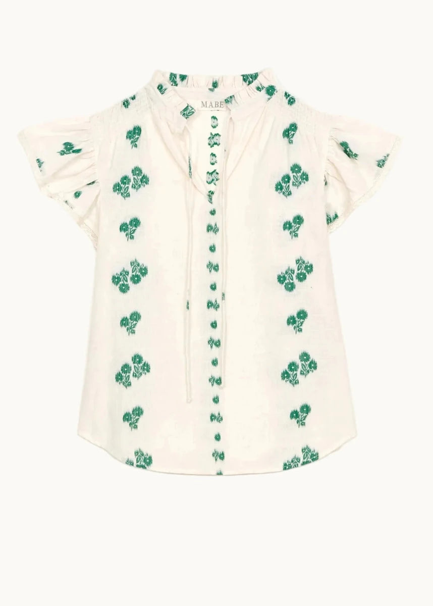 Iris Frill Top in White/Green from M.A.B.E at Edito Boutique