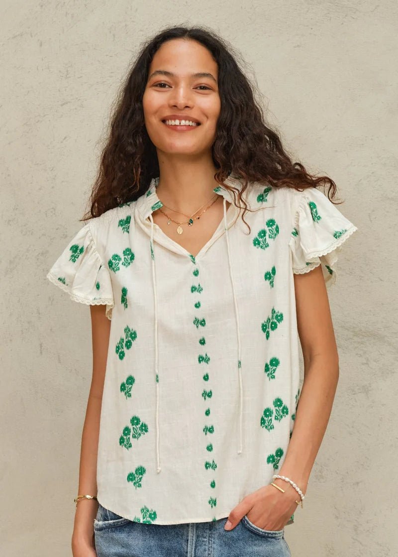 Iris Frill Top in White/Green from M.A.B.E at Edito Boutique