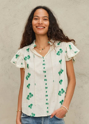 Iris Frill Top in White/Green from M.A.B.E at Edito Boutique