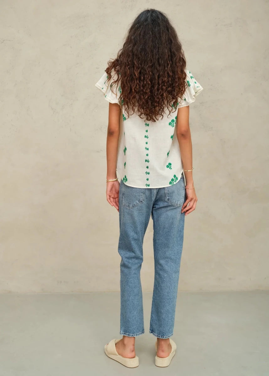 Iris Frill Top in White/Green from M.A.B.E at Edito Boutique