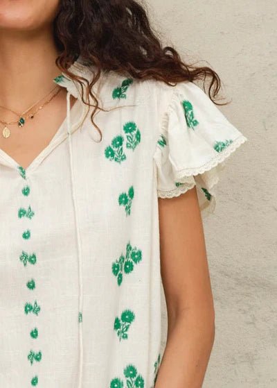 Iris Frill Top in White/Green from M.A.B.E at Edito Boutique