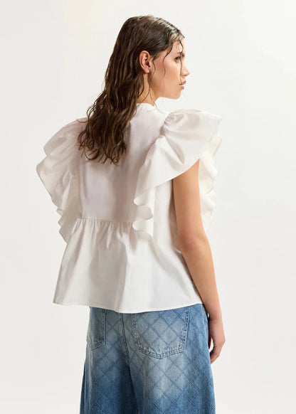 Keany Ruffle Top in White from ESSENTIEL ANTWERP at Edito Boutique