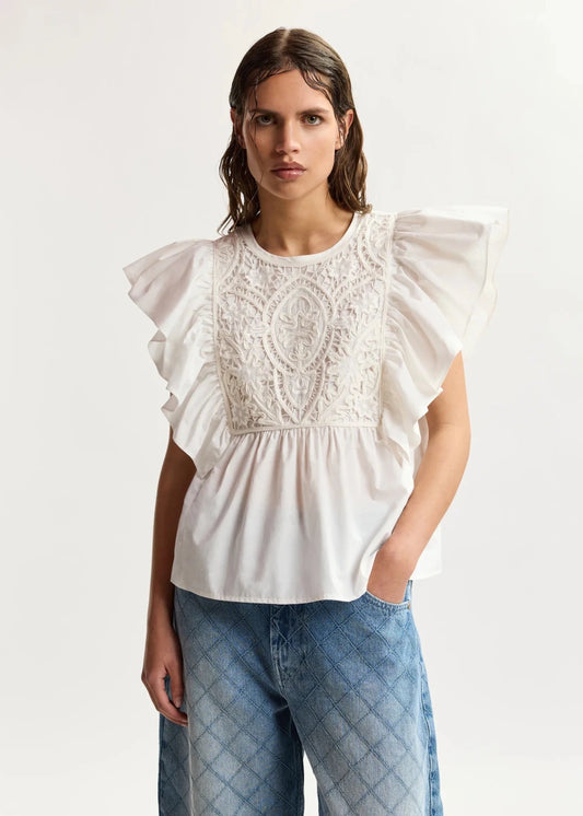 Keany Ruffle Top in White from ESSENTIEL ANTWERP at Edito Boutique