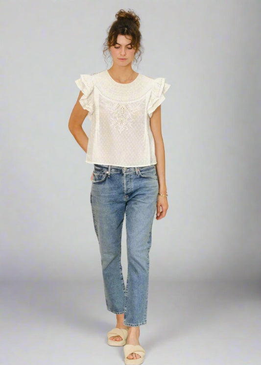 Lori Embroidered Top in Ecru from M.A.B.E at Edito boutique