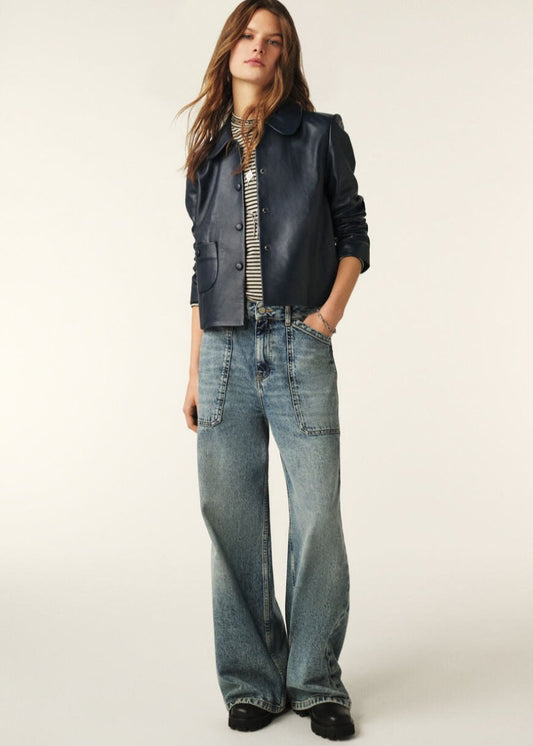 Milos Leather Jacket in Blue from BA&SH at Edito boutique