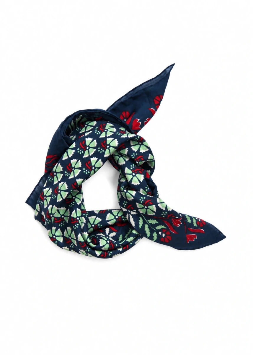 Mini Ephemere Silk Scarf in Navy/Green from LES BELLES VAGABONDES at Edito Boutique