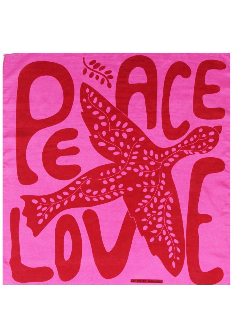 Mini Peace and Love Silk Scarf in Fushia from LES BELLES VAGABONDES at Edito Boutique