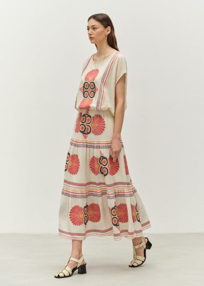 Olympia Midi Skirt in Red/Orange from DEVOTION TWINS at Edito boutique