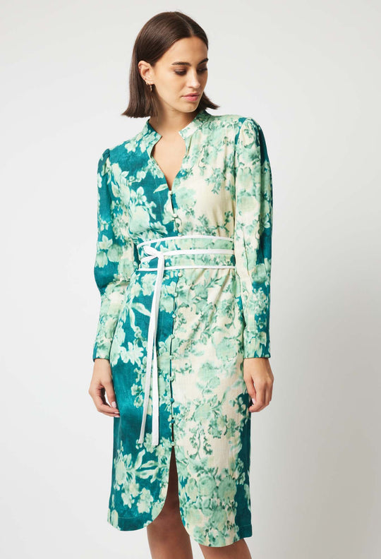 OnceWas Dinasty Dress in Jade Floral Print