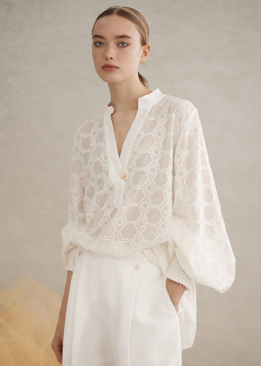 Rea Shirred Blouse in White from Luxe De Valentina