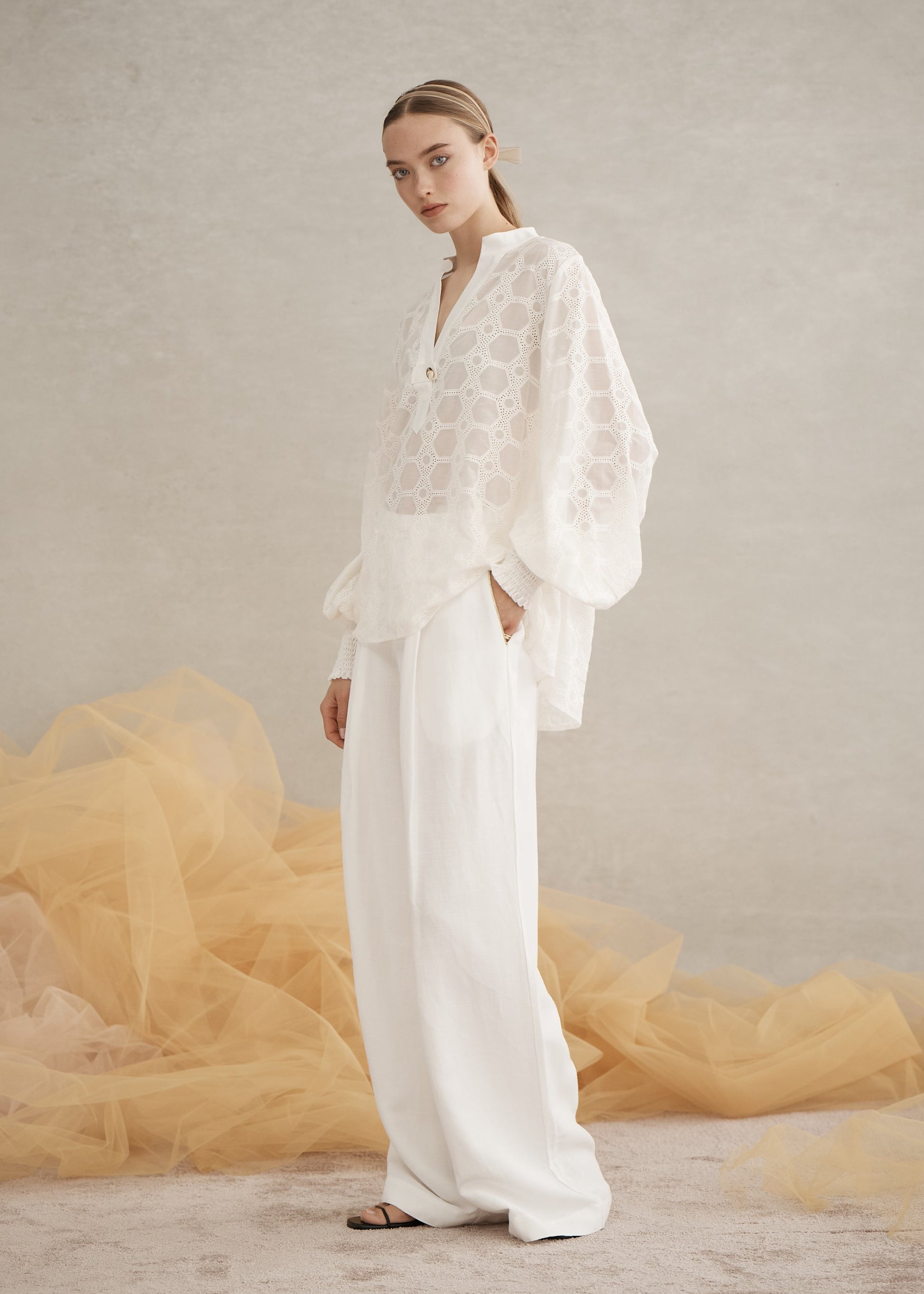 Rea Shirred Blouse in White from Luxe De Valentina