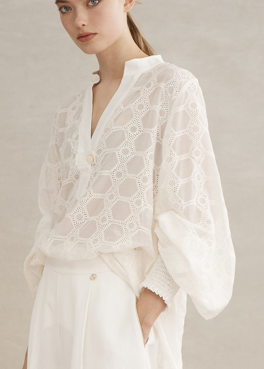 Rea Shirred Blouse in White from Luxe De Valentina