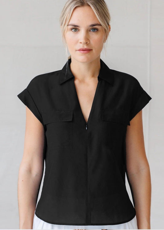 Zipline Camp Shirt in Black from GO SILK at Edito boutique